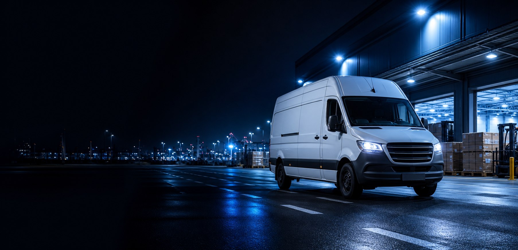 White courier van outside a logistics warehouse